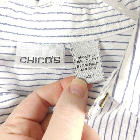 Chico's 1 Womens 8 White Gray Striped Roll-Tab Sleeve Button Down Shirt Blouse - Picture 2 of 6
